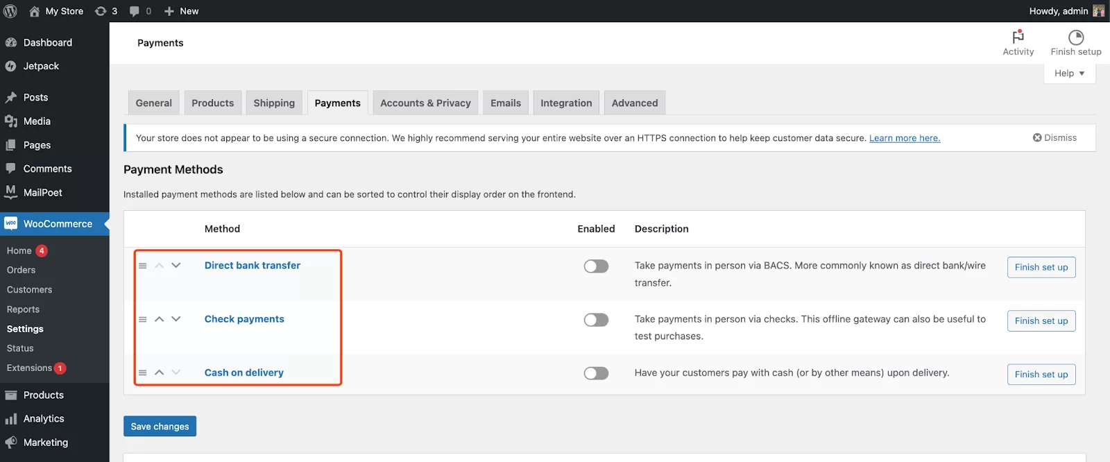 WooCommerce payment methods
