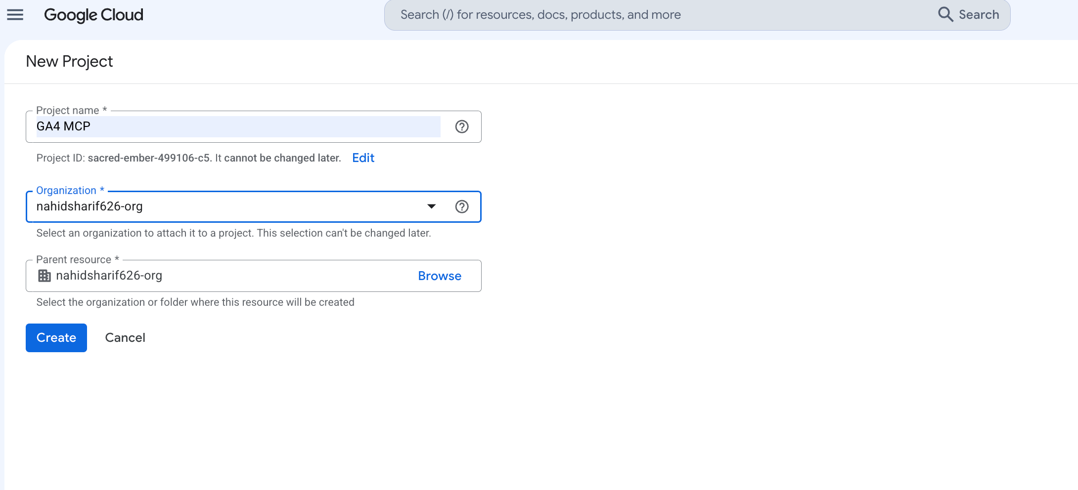Creating a new account in GCP